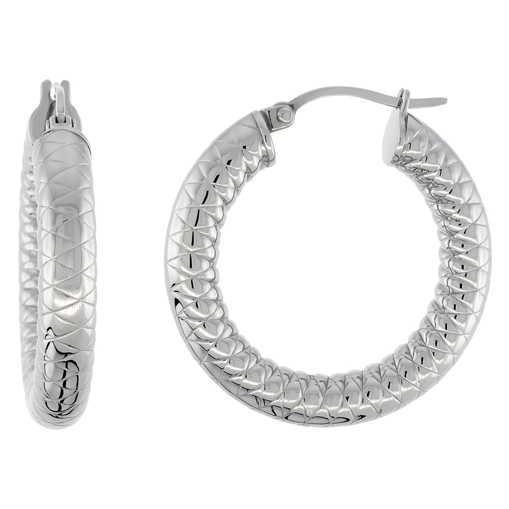 Stainless Steel Hoop Earrings 1 /4 inch Round 5 mm Thick Tight Zigzag Pattern Light Weightt