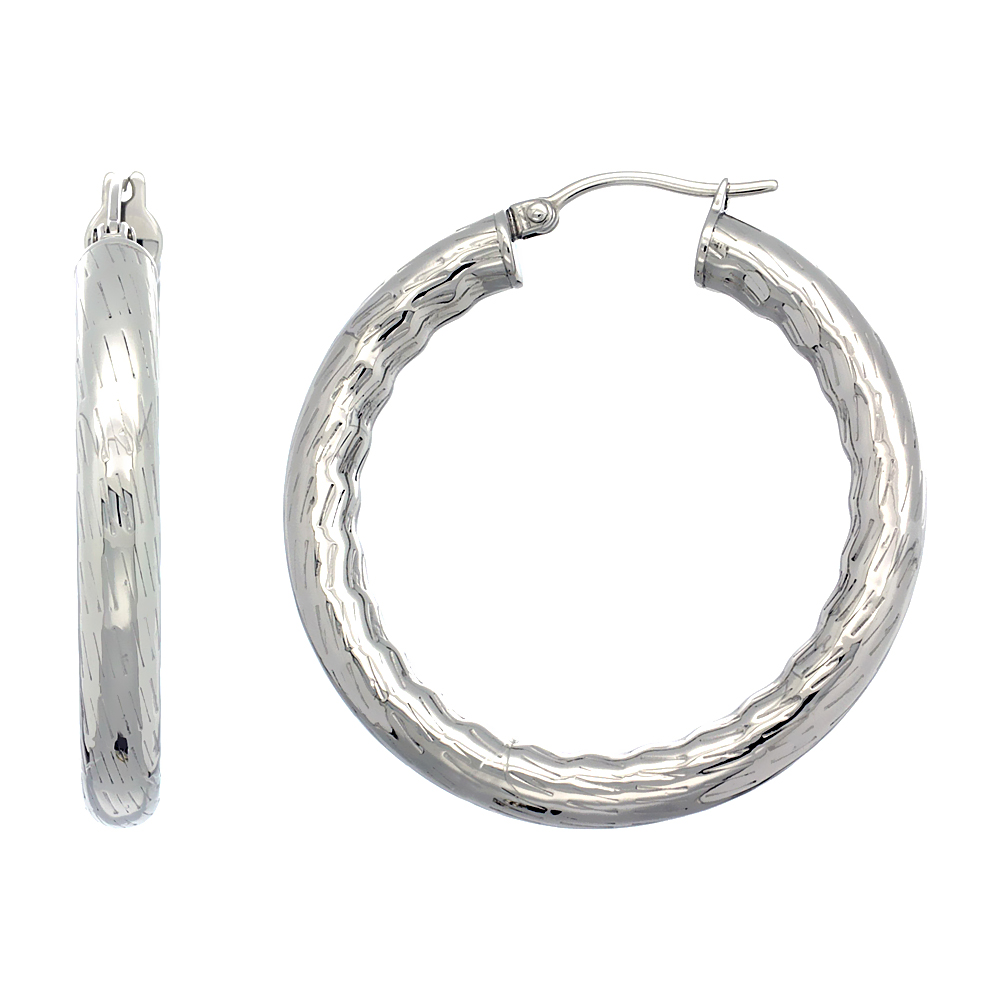 STAINLESS STEEL HOOP EARRINGS 1 1/2 INCH BAMBOO PATTERN 5MM THICK TUBE LIGHT WEIGHT