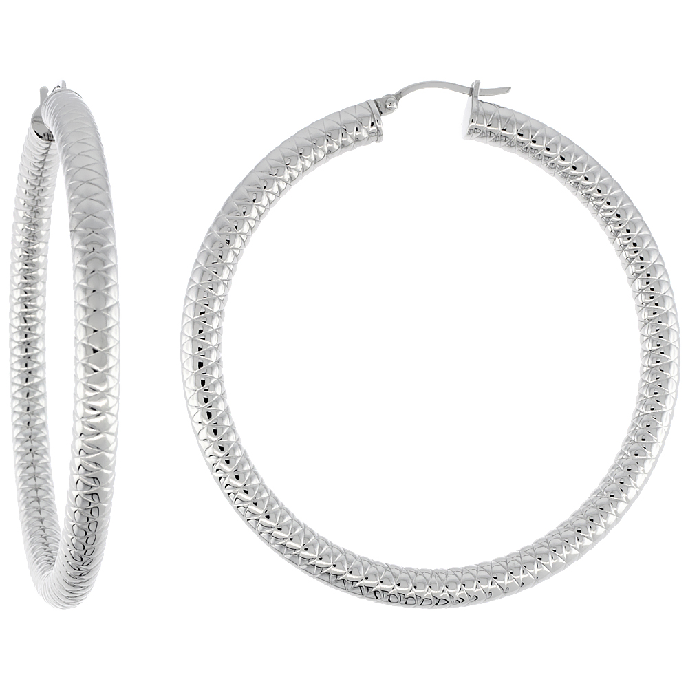 Stainless Steel Hoop Earrings 2 3/8 inch Round 5 mm Thick Tube Tight Zigzag Pattern Light Weightt