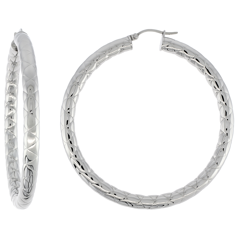 Stainless Steel Hoop Earrings 2 1/2 inch Round 4 mm Thick Tube Zigzag Pattern Light Weightt
