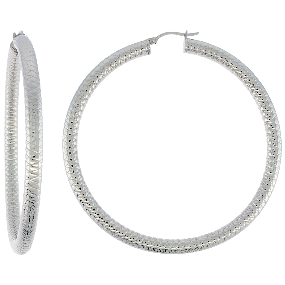 Stainless Steel Hoop Earrings 3 inch 5 mm Round Tube Thick Tight Zigzag Pattern Light Weightt