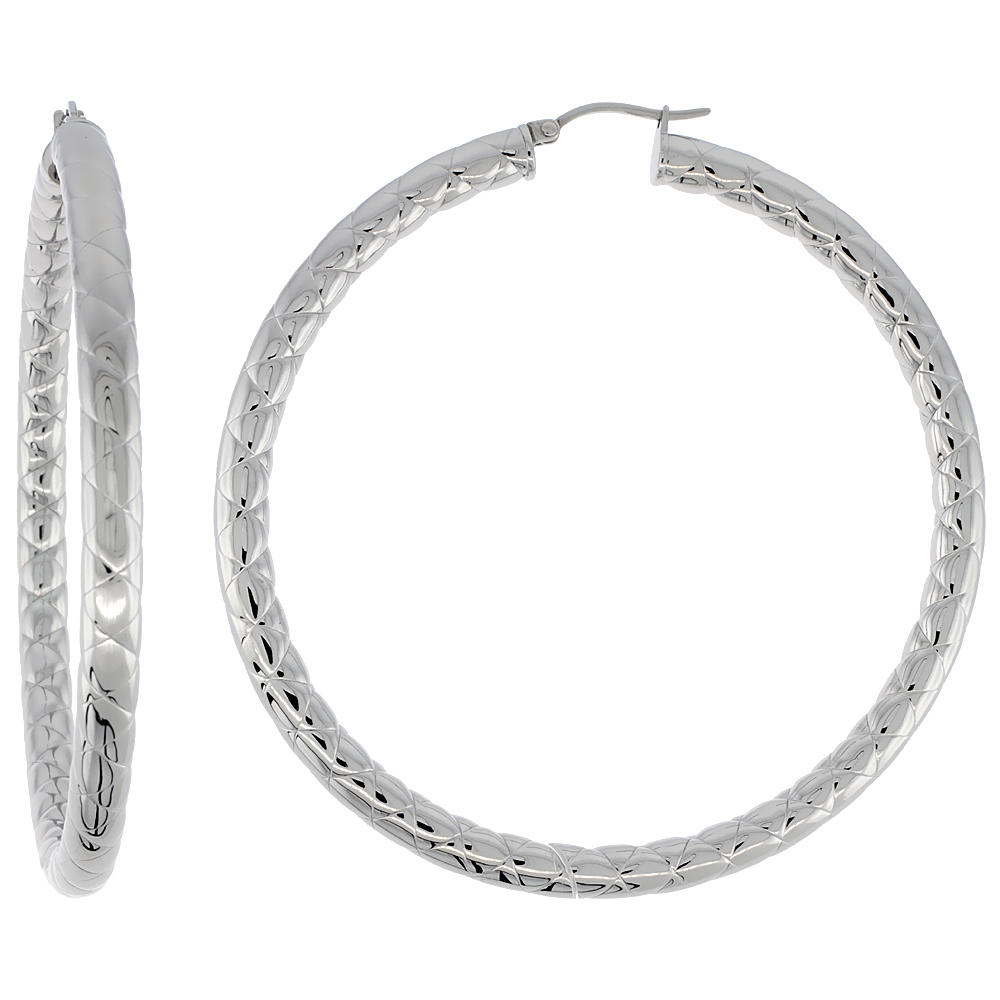 Stainless Steel Hoop Earrings 3 inch 4 mm Round Tube Zigzag Pattern Light Weightt