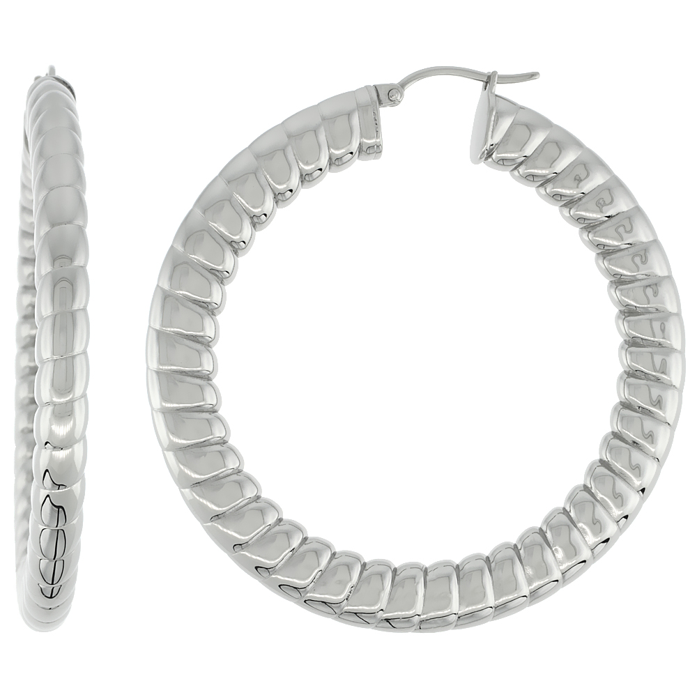 Stainless Steel Hoop Earrings 2 1/8 inch 5 mm Thick Flat Tube Spiral Pattern Light Weightt