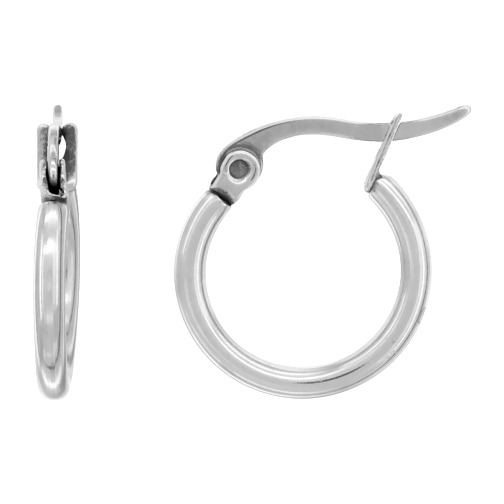 Stainless Steel Hoop Earrings 2mm Tube Snap Down Post Closure, 5/8 inch