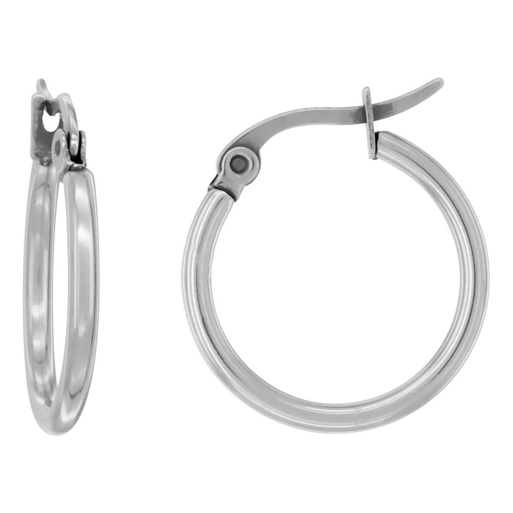 Stainless Steel Hoop Earrings 2mm Tube Snap Down Post Closure, 13/16 inch