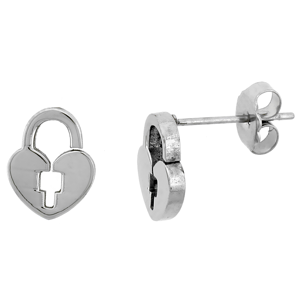 10 Pair Pack Small Stainless Steel Padlock Stud Earrings 3/8 inch