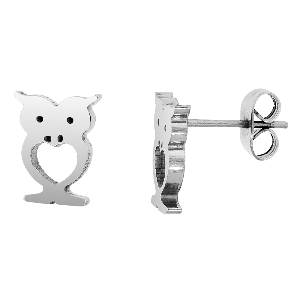 3 PAIR PACK Small Stainless Steel Owl Stud Earrings, 3/8 inch