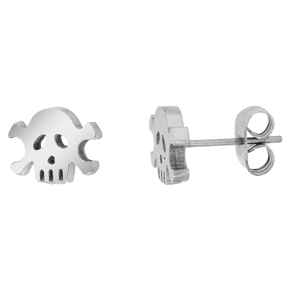 Small Stainless Steel Skull & Crossbones Stud Earrings, 3/8 inch