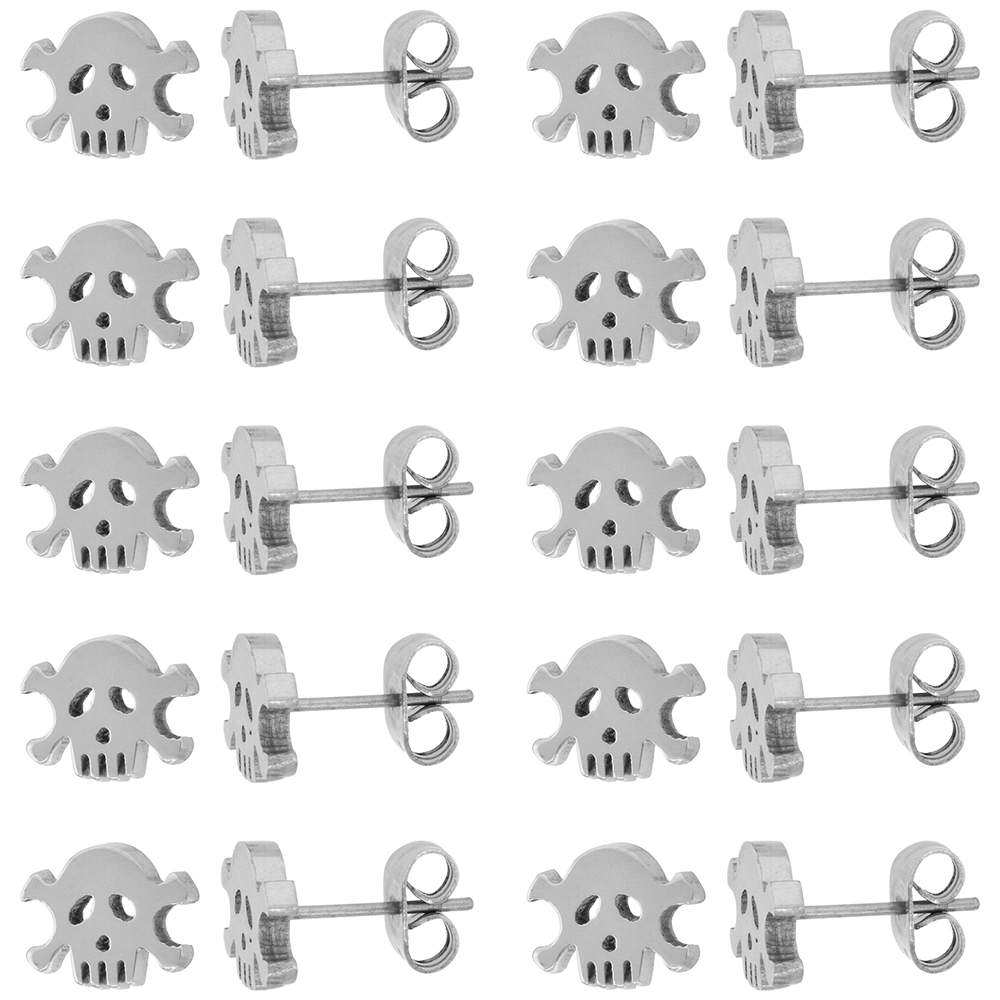 10 PAIR PACK Small Stainless Steel Skull &amp; Crossbones Stud Earrings 9 mm