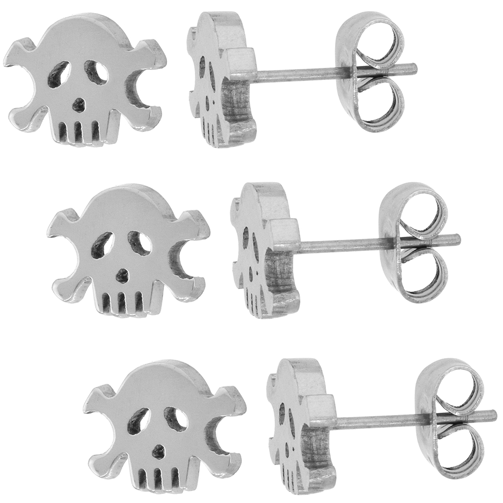 3 PAIR PACK Small Stainless Steel Skull &amp; Crossbones Stud Earrings 9 mm
