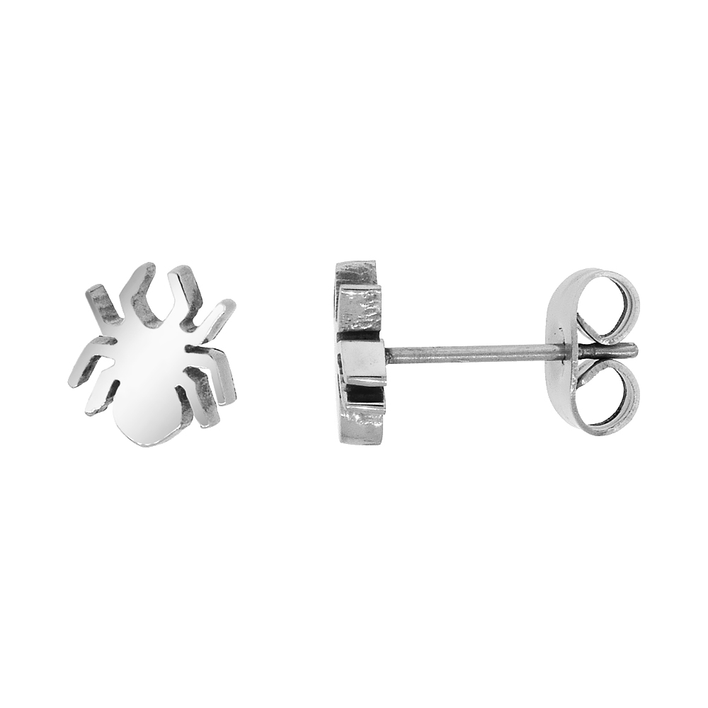 3 PAIR PACK Small Stainless Steel Spider Stud Earrings, 3/8 inch