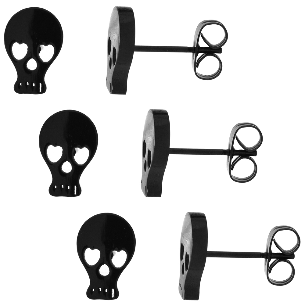 3 PAIR PACK Small Stainless Steel Skull Stud Earrings, 3/8 inch