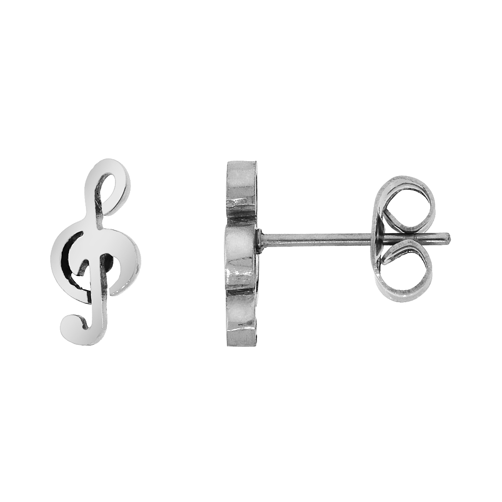 10 PAIR PACK Small Stainless Steel G Clef Stud Earrings Musical Symbol, 3/8 inch
