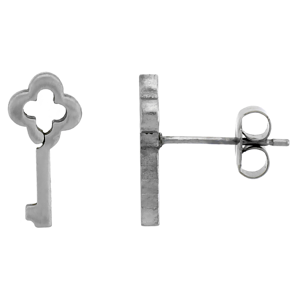 SMALL STAINLESS STEEL ANTIQUE KEY STUD EARRINGS 1/2 INCH