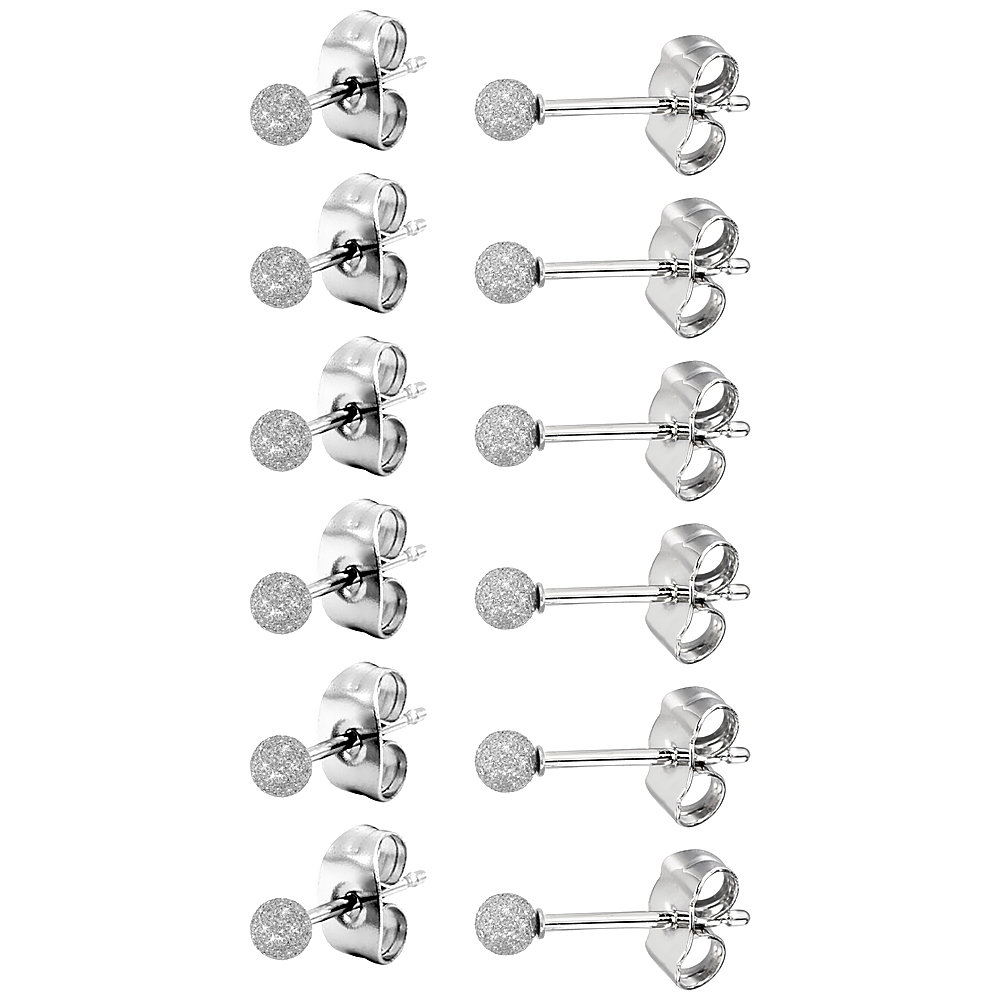 6 PAIRS Tiny Stainless Steel 3mm Ball Stud Earrings Stardust Finish