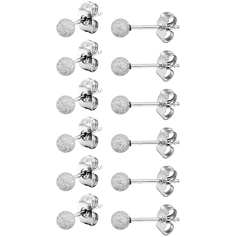 6 PAIRS Small Stainless Steel 4mm Ball Stud Earrings Stardust Finish