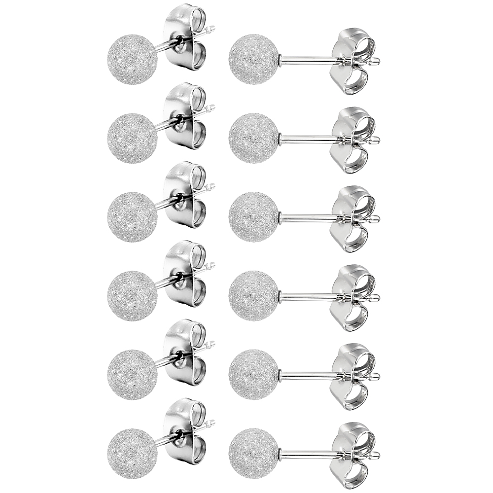 6 PAIRS Stainless Steel 5mm Ball Stud Earrings Stardust Finish