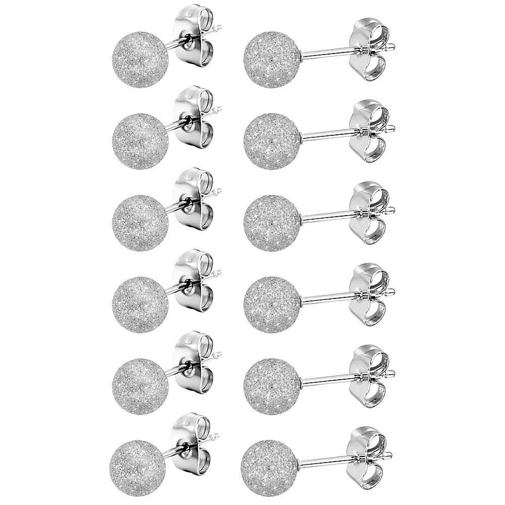 6 PAIRS Stainless Steel 6mm Ball Stud Earrings Stardust Finish
