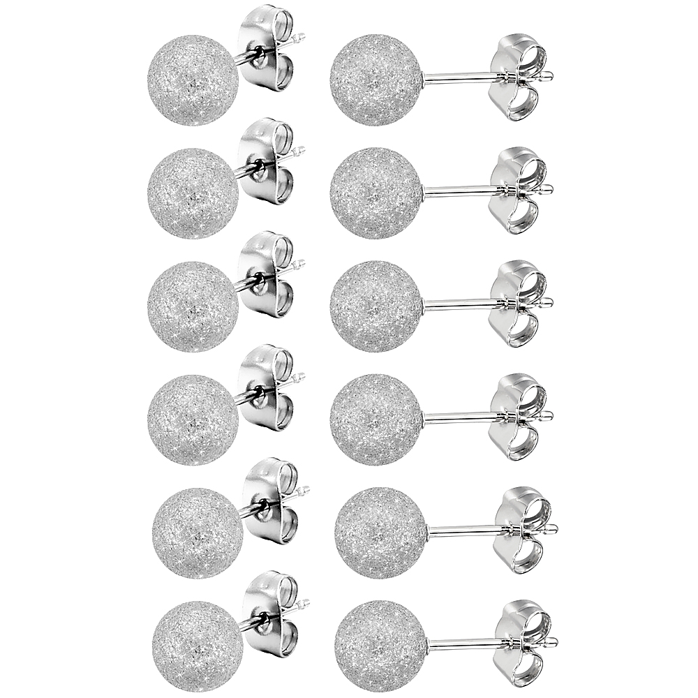 6 PAIRS Stainless Steel 7mm Ball Stud Earrings Stardust Finish