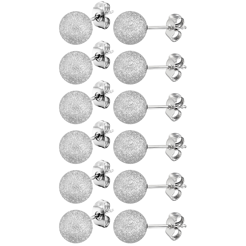 6 PAIRS Large Stainless Steel 8 mm Ball Stud Earrings Stardust Finish