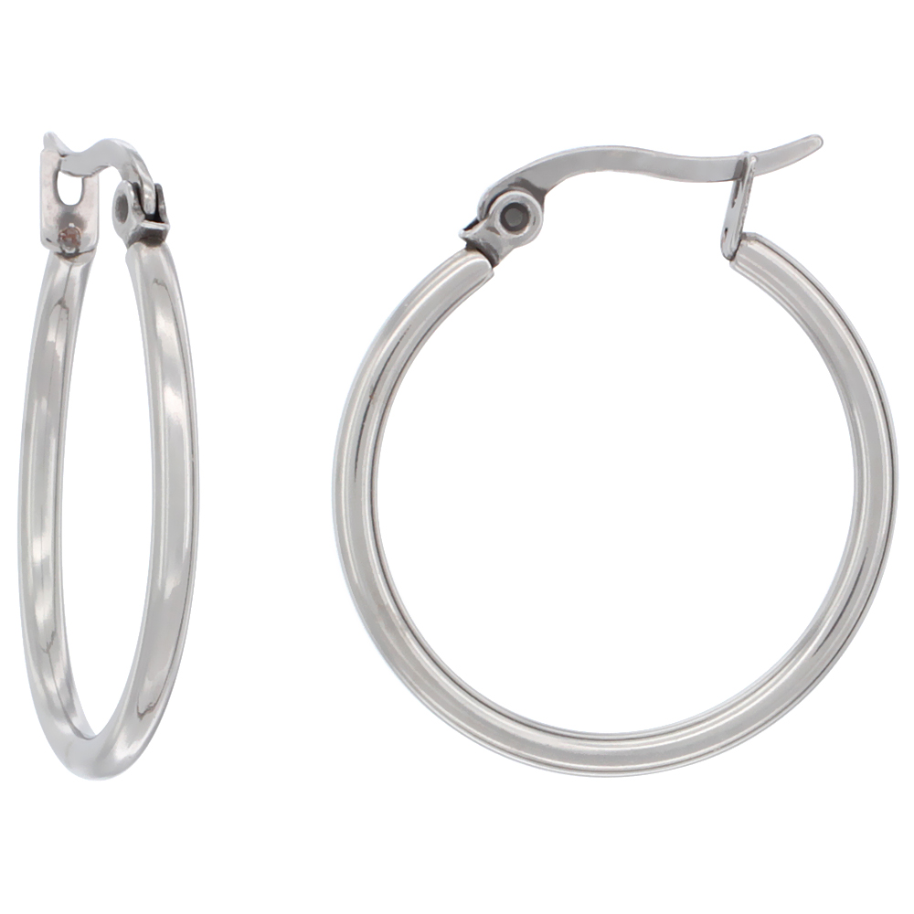 Stainless Steel Thin Hoop Earrings 2mm Tube Hinged Snap Post, 1 inch