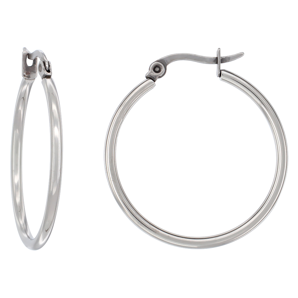Stainless Steel Thin Hoop Earrings 2mm Tube Hinged Snap Post, 1 3/16 inches