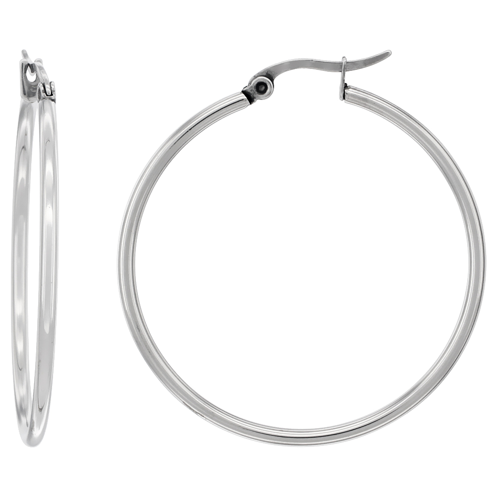 Stainless Steel Thin Hoop Earrings 2mm Tube Hinged Snap Post, 1 9/16 inches