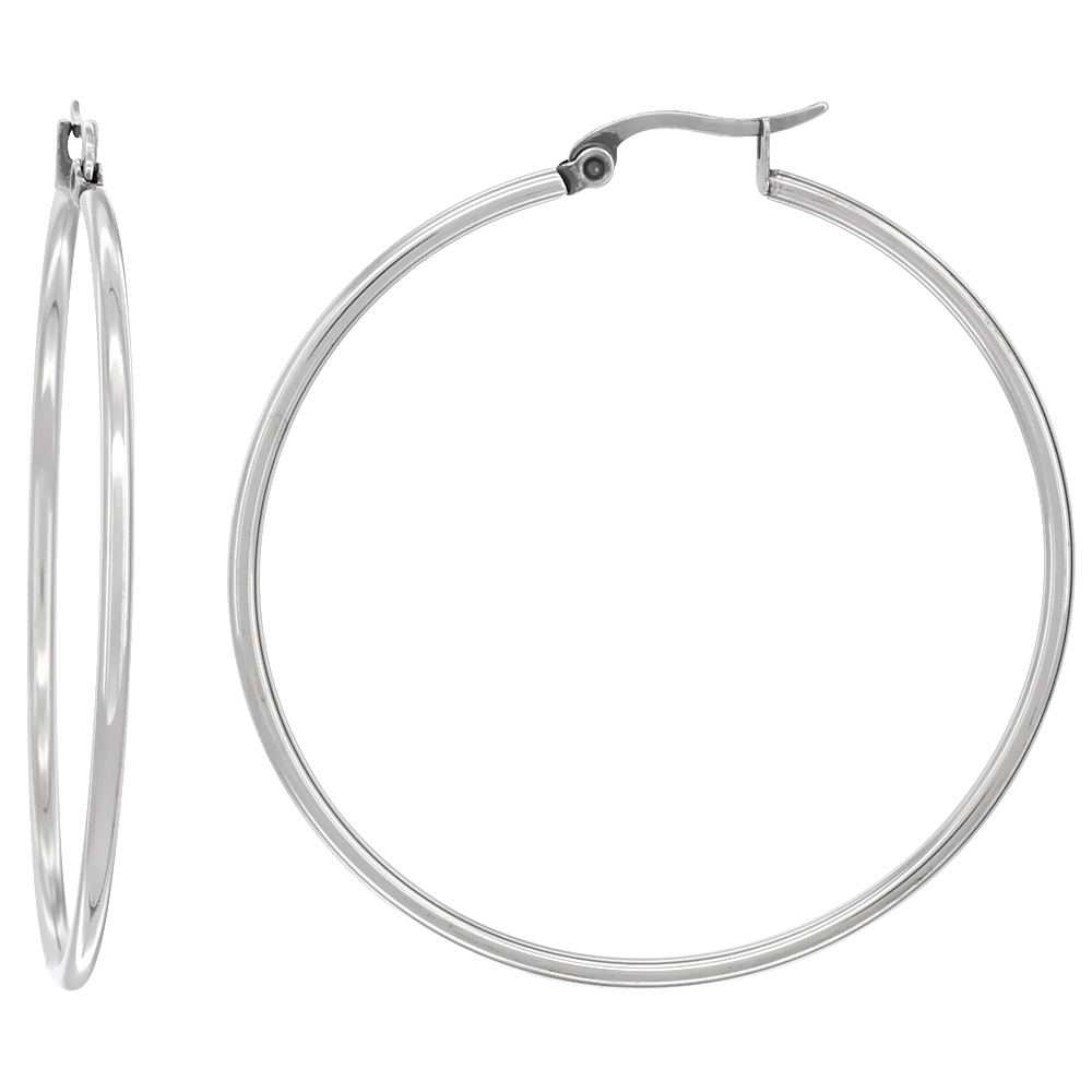 Stainless Steel Thin Hoop Earrings 2mm Tube Hinged Snap Post, 2 inches