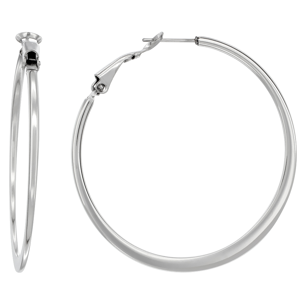 Stainless Steel Post Hoop Earrings 2mm Tube Clutchless Spring Hinged, 1 3/4 inch