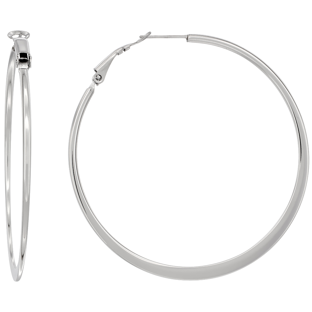 Stainless Steel Post Hoop Earrings 2mm Tube Clutchless Spring Hinged, 2 3/16 inch