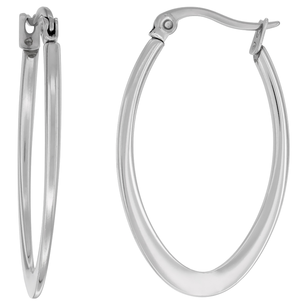 Stainless Steel Oval Hoop Earrings Snap Down Post Closure, 1 5/8 long