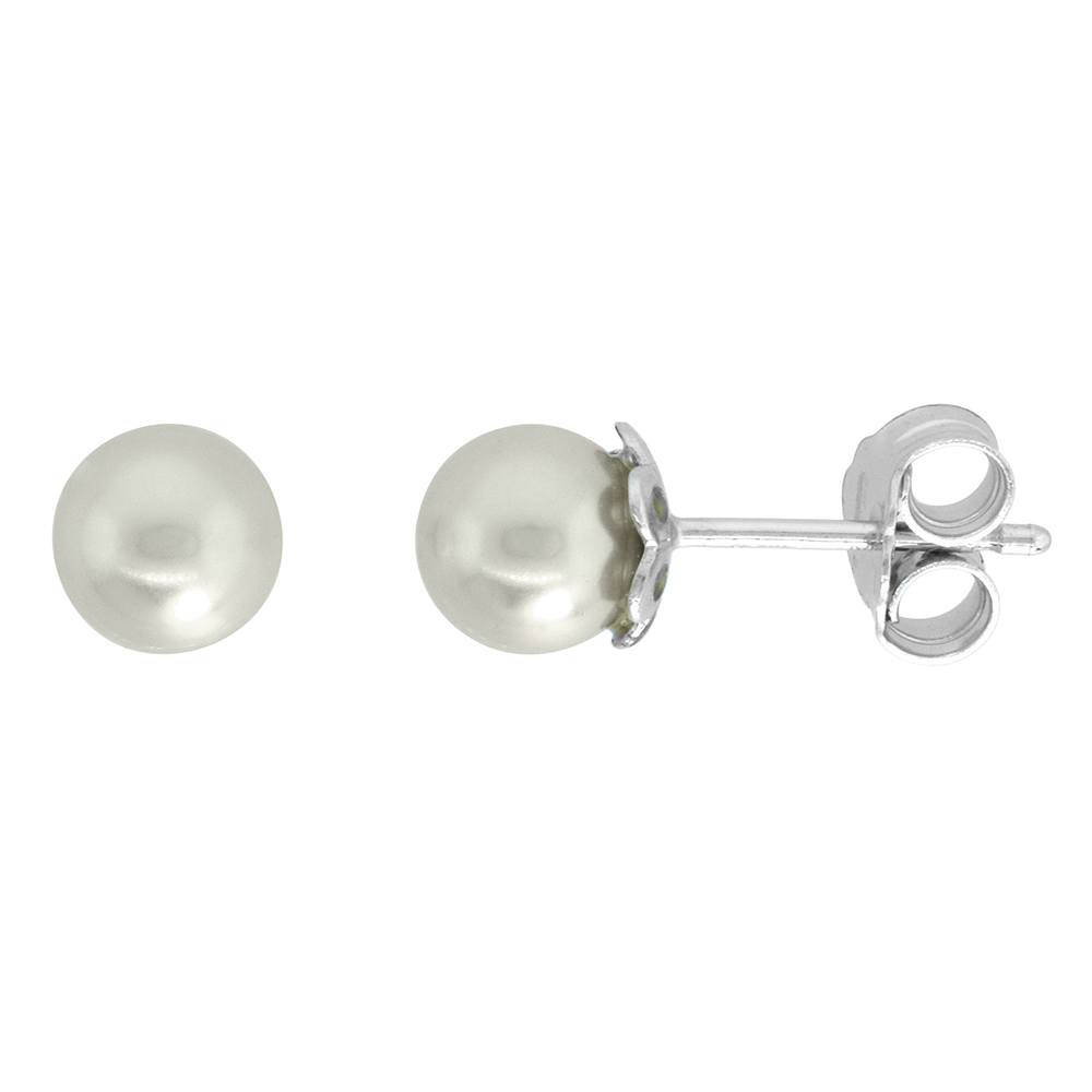 Sterling Silver Fashion Faux Pearl Stud Earrings for Women 6mm with Swarovski Crystal Pearls Italy