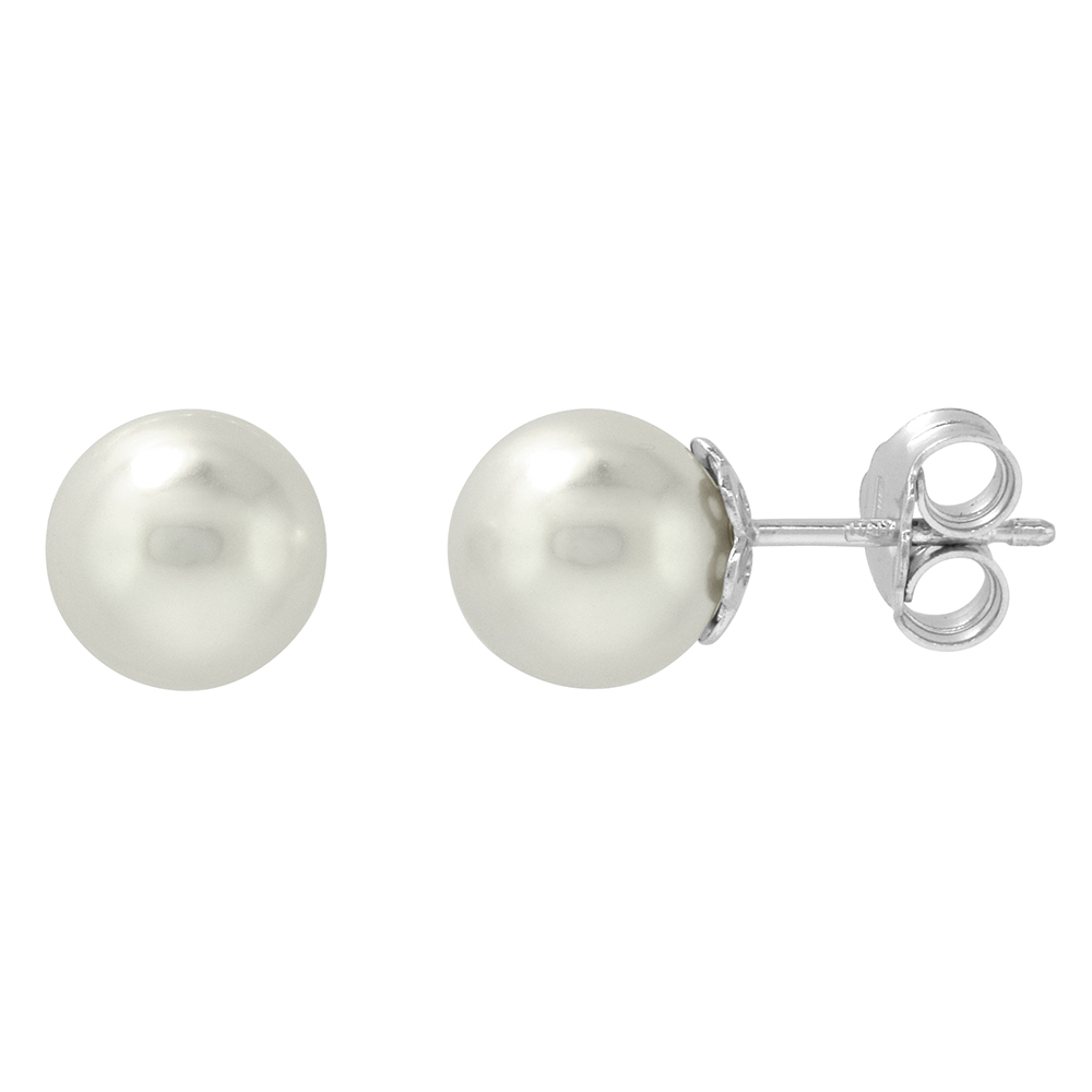 Sterling Silver Fashion Faux Pearl Stud Earrings for Women 8mm with Swarovski Crystal Pearls Italy