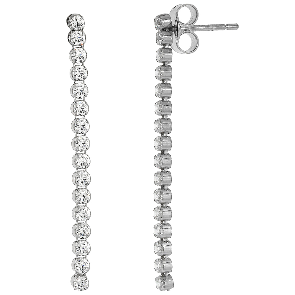 Sterling Silver 2.4mm Cubic Zirconia stones One-strand Dangle Earrings, 1 9/16 inches long