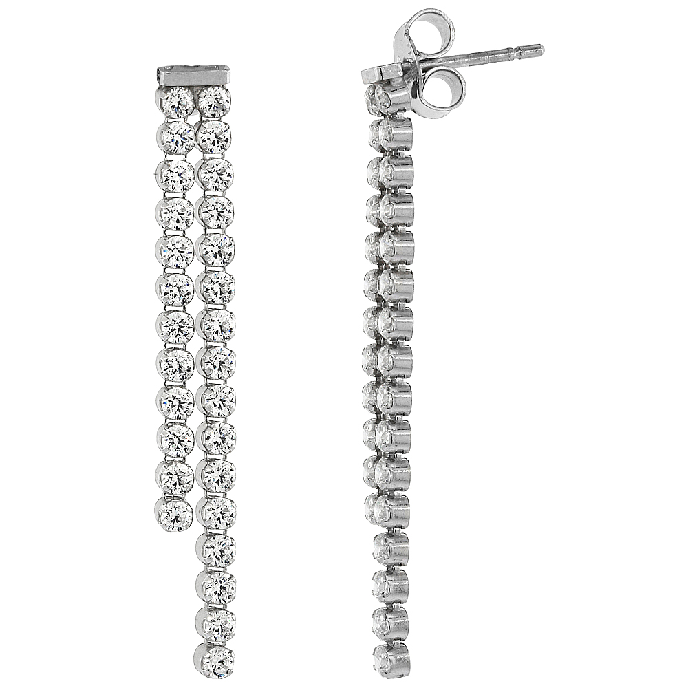 Sterling Silver 2.4mm Cubic Zirconia stones Double strand Dangle Earrings, 1 9/16 inches long