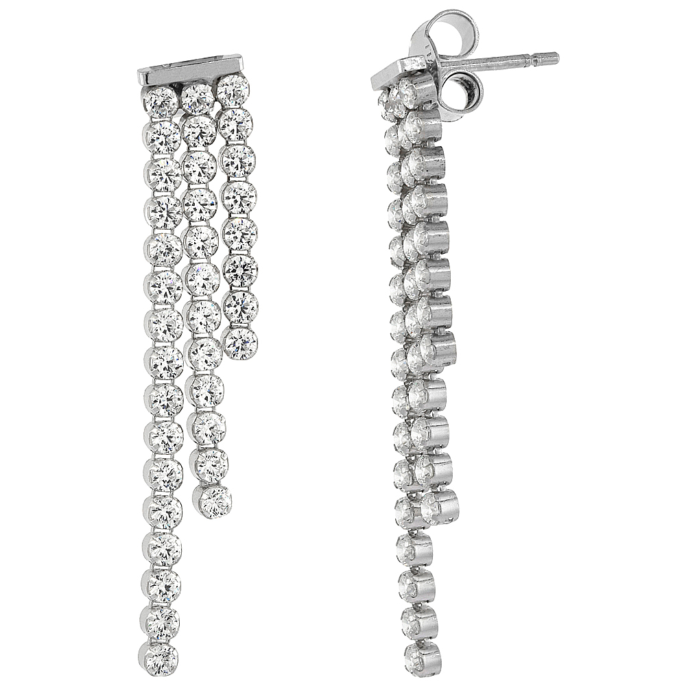 Sterling Silver 2.4mm Cubic Zirconia stones Triple strand Dangle Earrings, 1 9/16 inches long