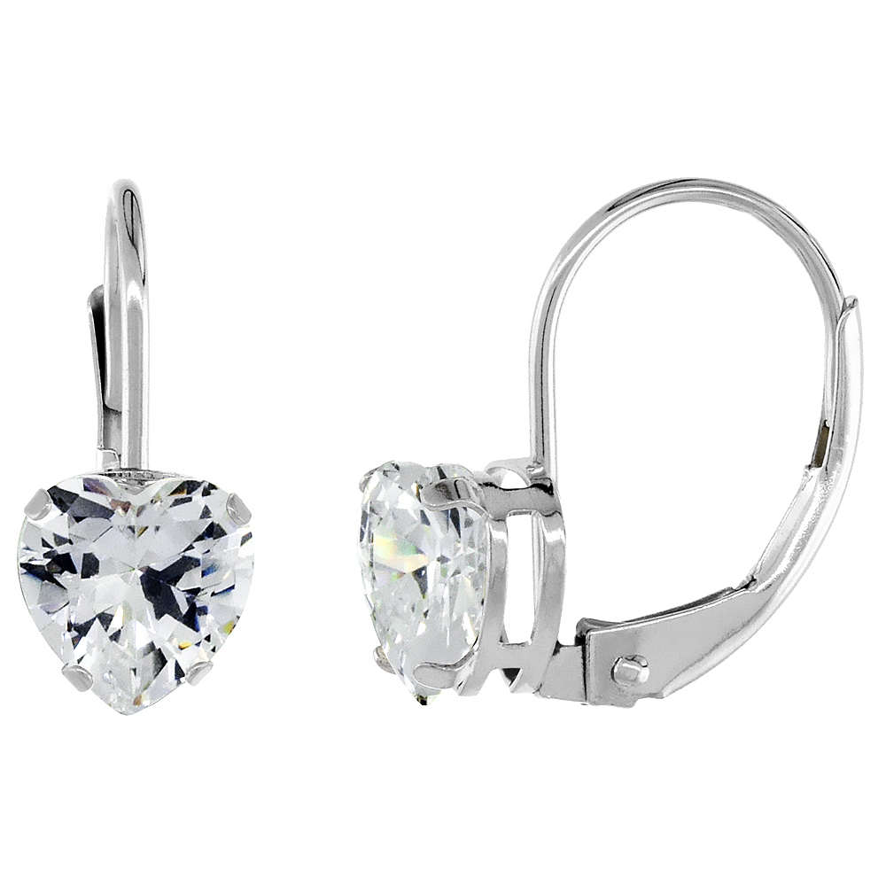10k White Gold Natural Cubic Zirconia Leverback Earrings 7mm Heart Shape 2.25 ct