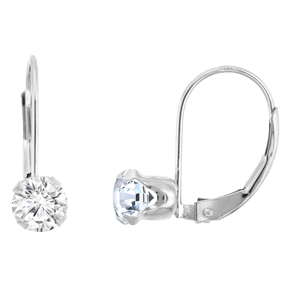 5MM 10K WHITE GOLD CUBIC ZIRCONIA LEVERBACK EARRINGS ROUND 1 CT, 9/16 INCH