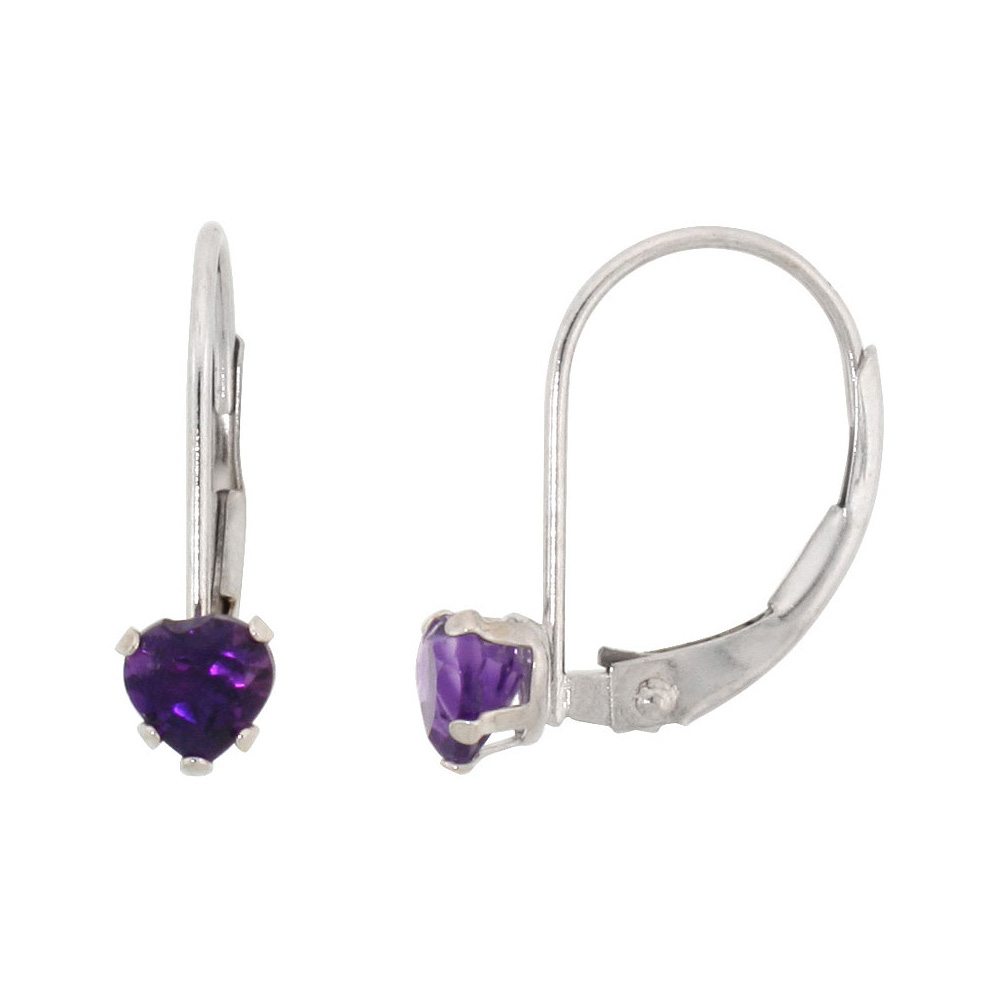 10K WHITE GOLD NATURAL AMETHYST LEVERBACK EARRINGS 4MM HEART SHAPE 0.50 CT, 9/16 INCH