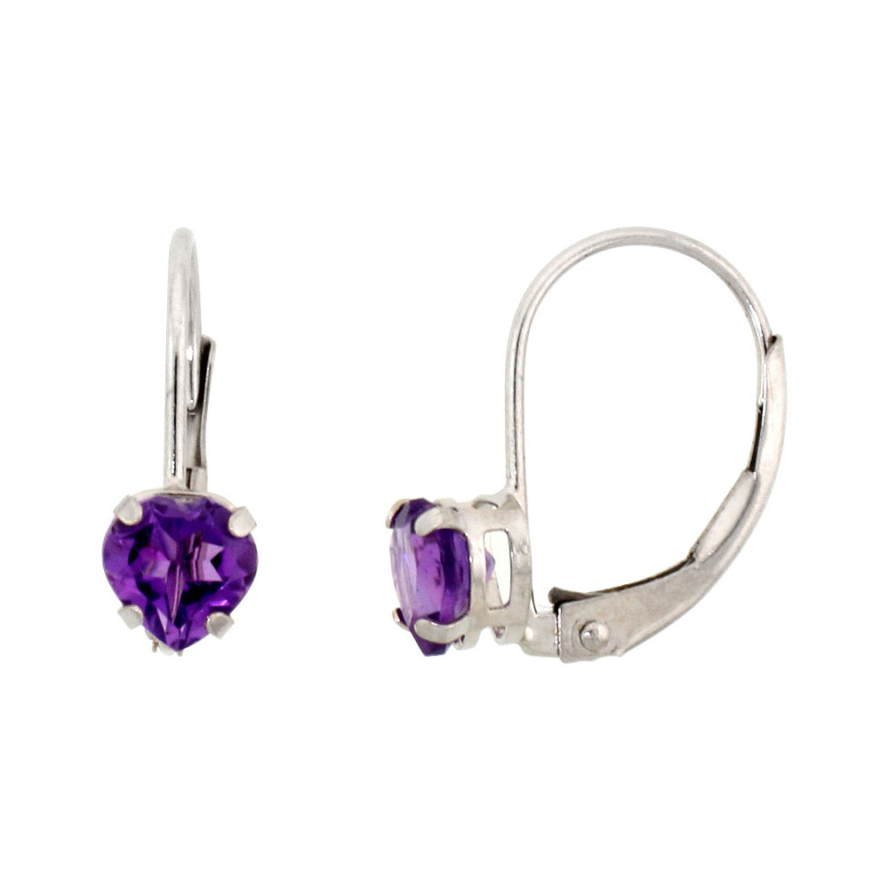 10K WHITE GOLD NATURAL AMETHYST LEVERBACK EARRINGS 5MM HEART SHAPE 1 CT, 9/16 INCH