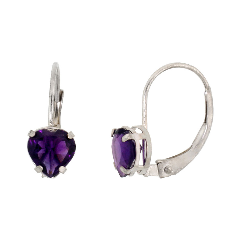 10k White/Yellow Gold Natural Amethyst Leverback Earrings 6mm Heart Shape 1.5 ct, 9/16 inch
