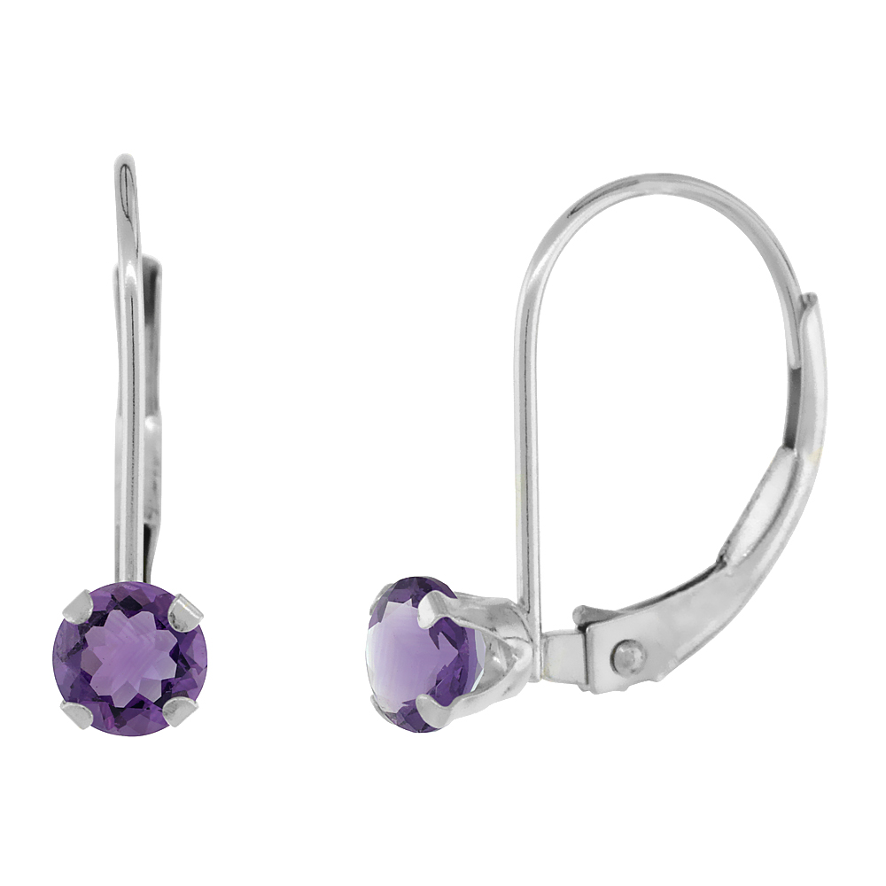 10k White/Yellow Gold Natural Amethyst Leverback Earrings 4mm Round 0.50 ct, 9/16 inch