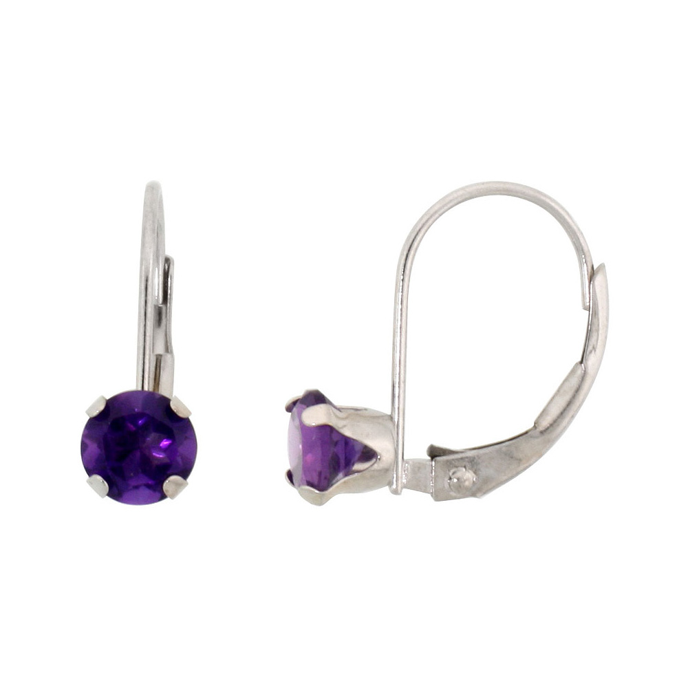 10k White/Yellow Gold Natural Amethyst Leverback Earrings 5mm Round 1 ct, 9/16 inch