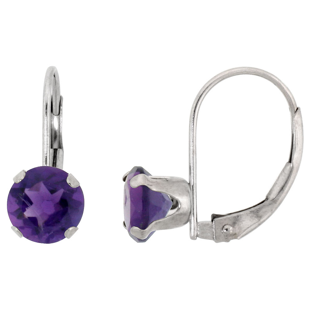 10K WHITE GOLD NATURAL AMETHYST LEVERBACK EARRINGS 6MM ROUND 1.5 CT, 9/16 INCH