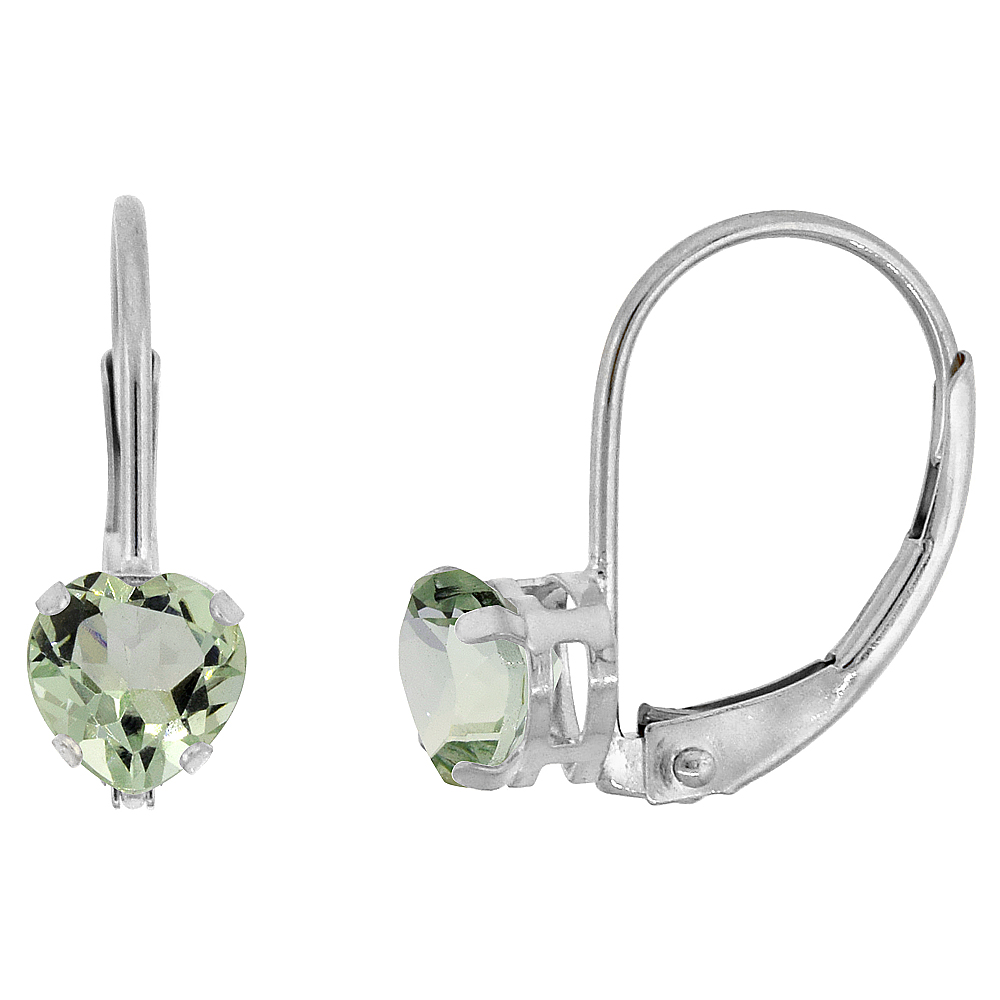 10k White/Yellow Gold Natural Green Amethyst Leverback Earrings 5mm Heart Shape 1 ct, 9/16 inch