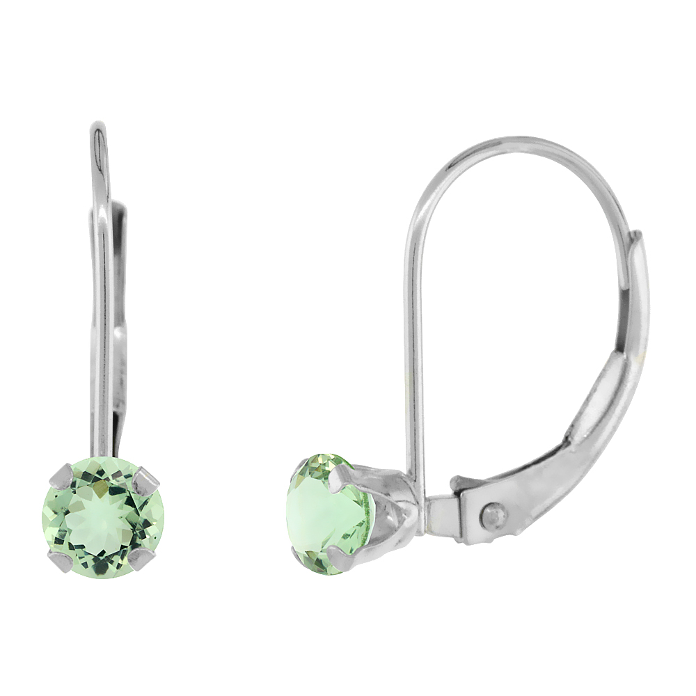 10K WHITE GOLD NATURAL GREEN AMETHYST LEVERBACK EARRINGS 4MM ROUND 0.50 CT, 9/16 INCH