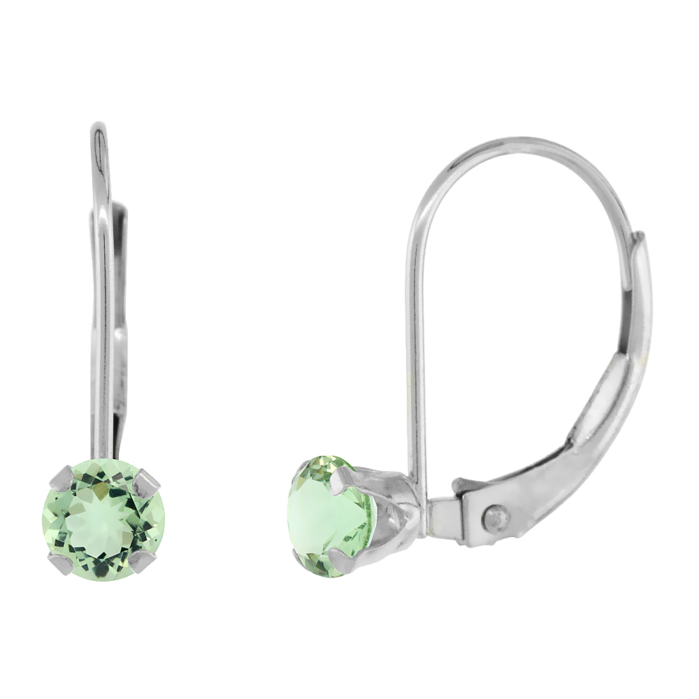 10k White/Yellow Gold Natural Green Amethyst Leverback Earrings 4mm Round 0.50 ct, 9/16 inch