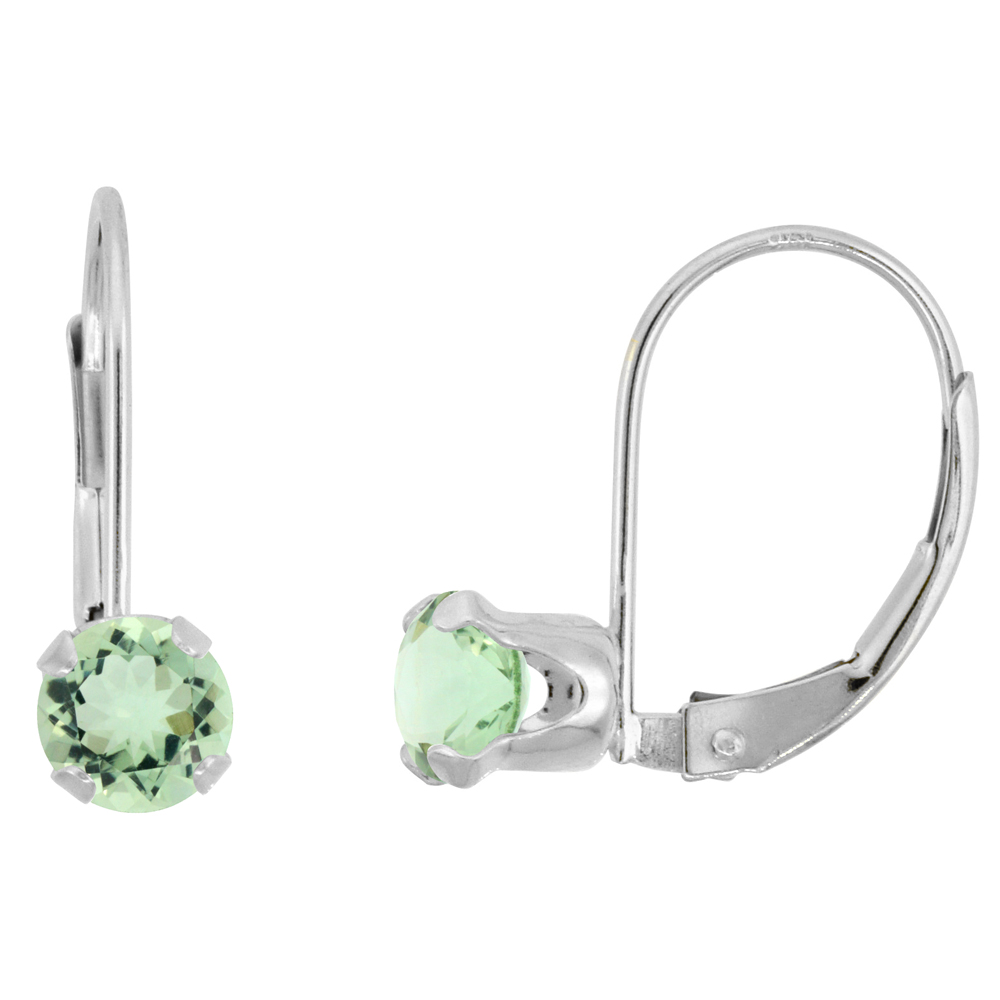 10k White Gold Natural Green Amethyst Leverback Earrings 5mm Round 1 ct, 9/16 inch