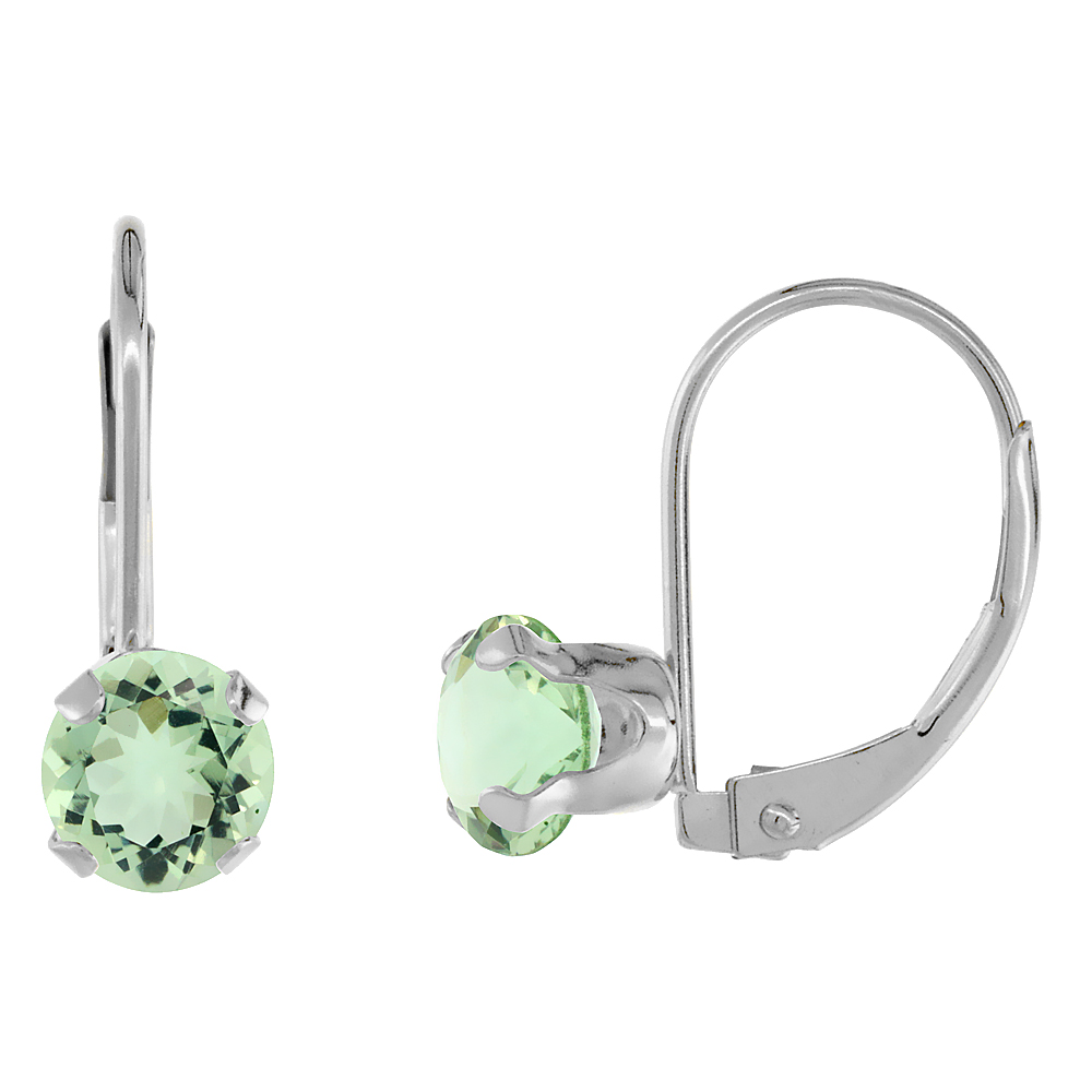 10K WHITE GOLD NATURAL GREEN AMETHYST LEVERBACK EARRINGS 6MM ROUND 1.5 CT, 9/16 INCH