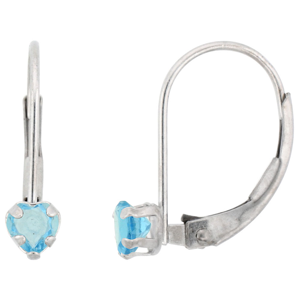 10k White/Yellow Gold Natural Blue Topaz Leverback Earrings 4mm Heart Shape 0.50 ct, 9/16 inch
